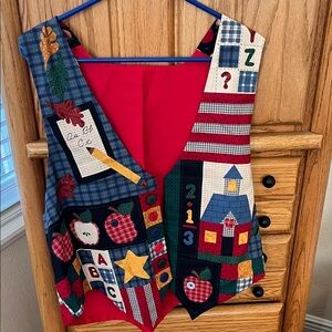 Colorful Patchwork Teacher Vest with Red Lining